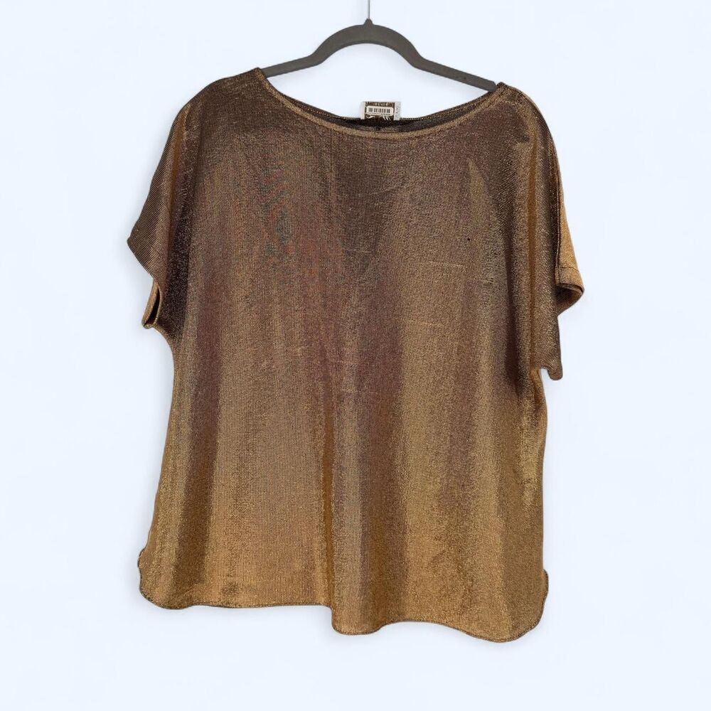 Bronze Gold Metallic Knit Top Shimmer Short Sleeve Slouchy Blouse c. 1993